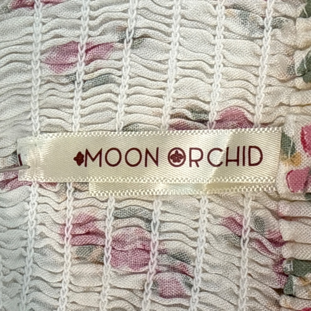 Moon Orchid Floral Tube Top Cream Pink Rose Lace Trim Smocked Back Medium - Picture 8 of 9